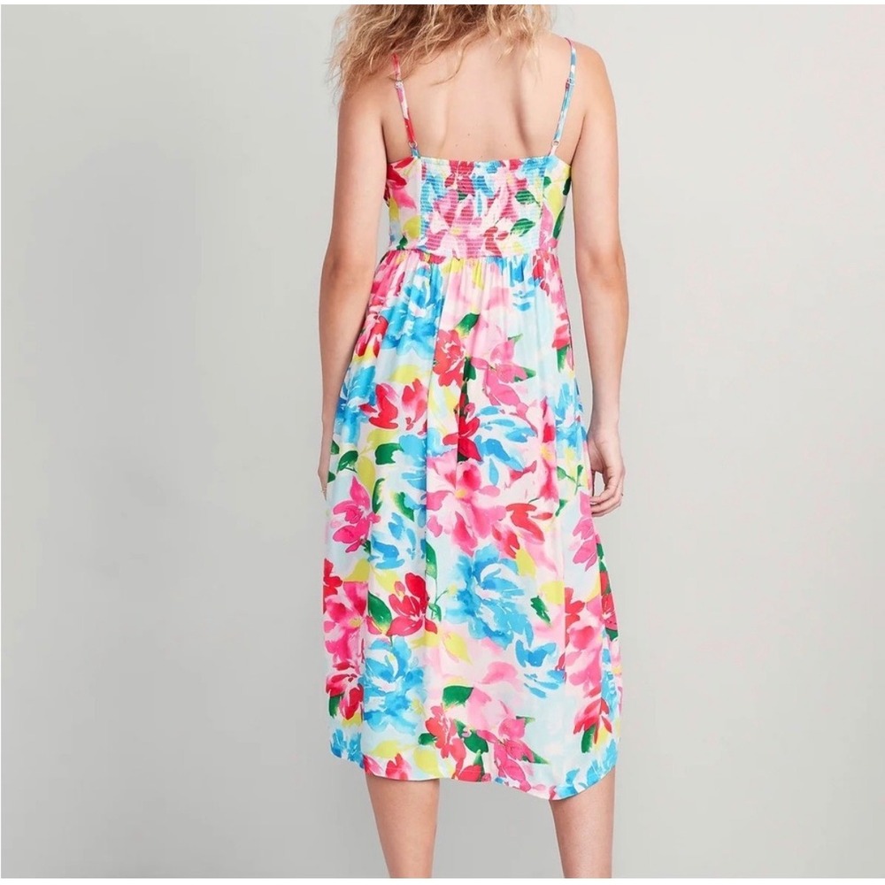 Old Navy Womens XS Floral Midi Dress Pink Blue Smocked Back Pockets Sundress - Picture 2 of 12
